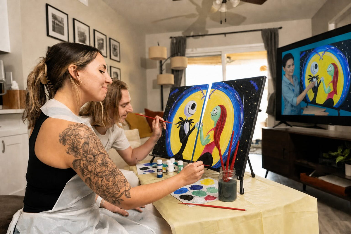 Couple painting the We're Simply Meant to Be Jack and Sally date night diptych with the artist tutorial on their TV