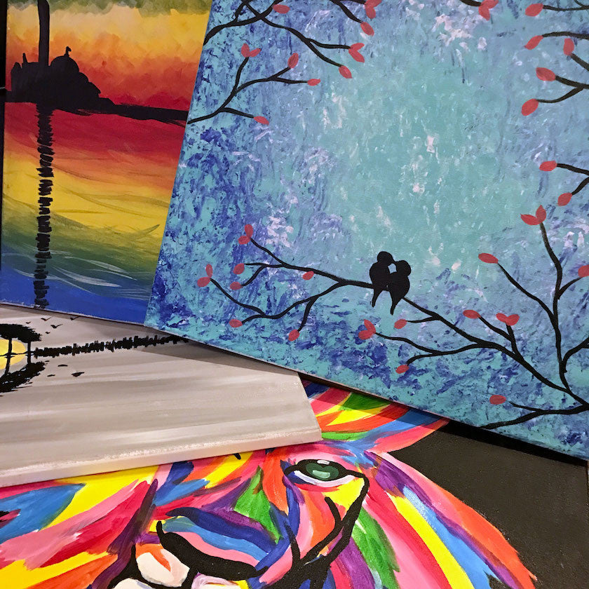 Different Paint Night at Home Paintings including lovebirds, Sunset in Venice, Pride and Acoustic Sunrise