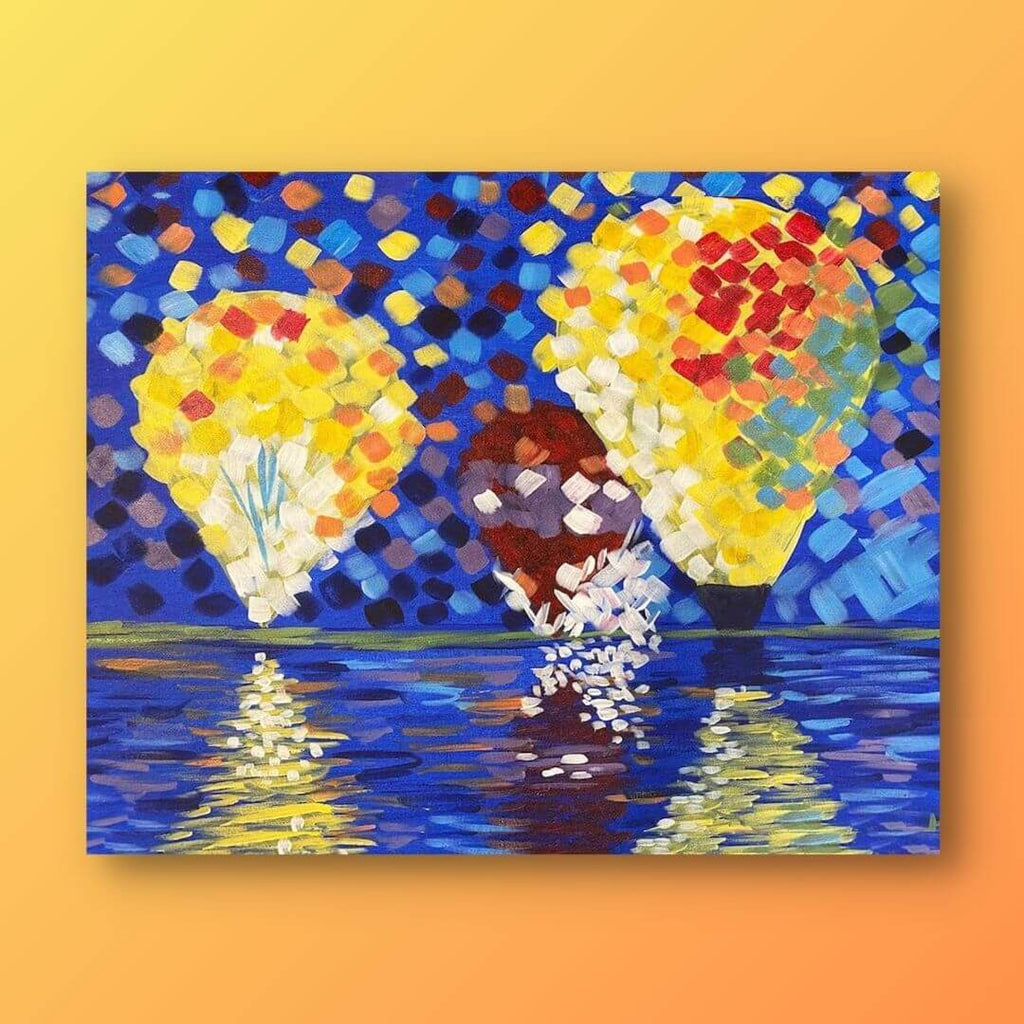 Blue Hot Air Balloon With A Round Basket In A Stormy Sky View From Below Texture Of Oil Paints